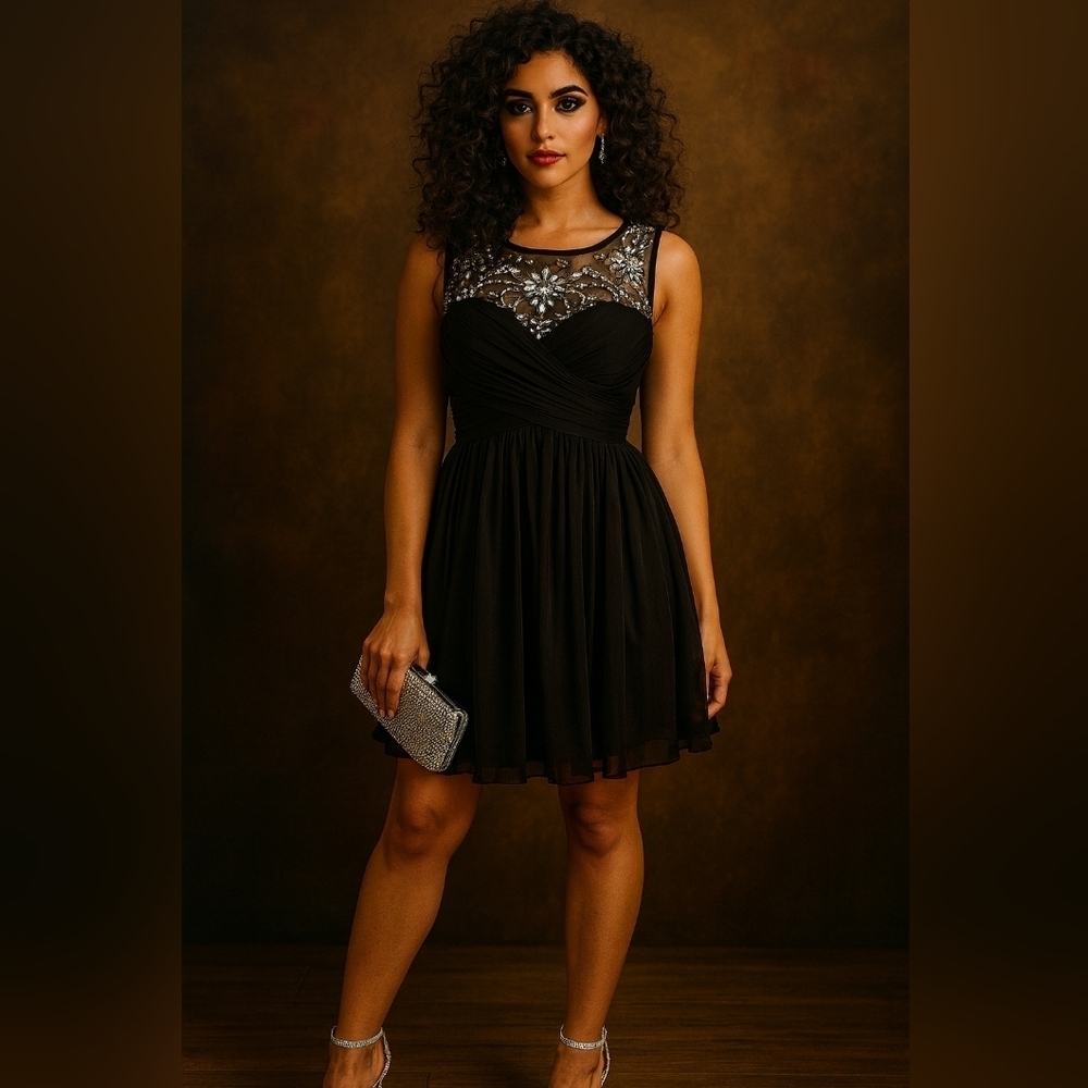 Elegant Black Sleeveless Dress,  Rhinestone Detail. Gathered Bodice. Size 8.